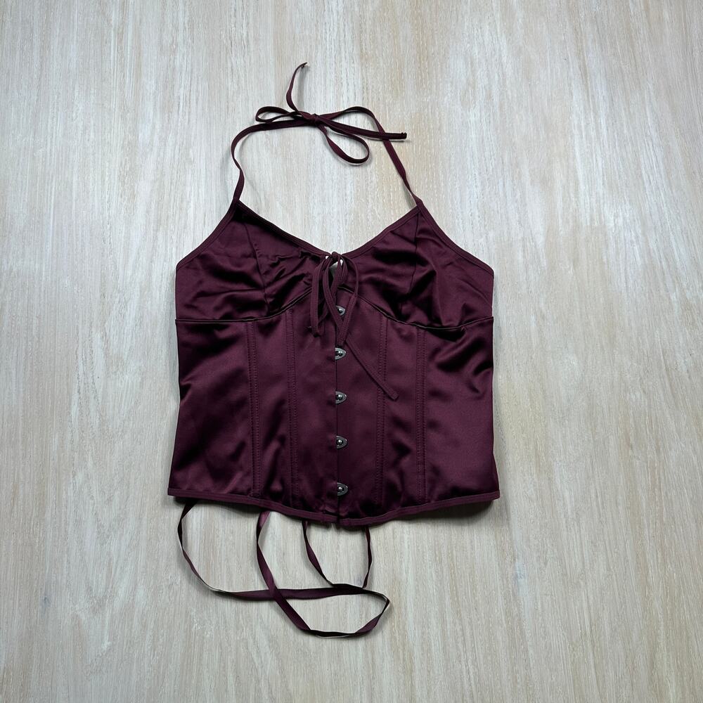 Y2K Burgundy Satin Corset Halter Lace Up Back Hook Eye Boned Bustier Crop Top L